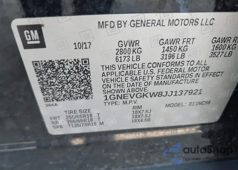 2018 Chevrolet Traverse 1Lt from USA, damaged, VIN 1GNEVGKW8JJ137921